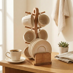 Coffee Cup and Saucer Set 6 Pcs With Wooden Stand